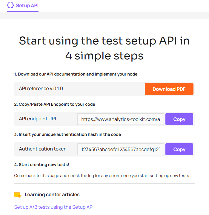 initial setup API configuration details